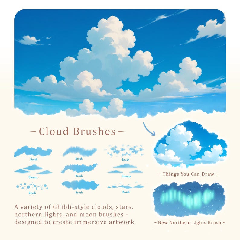 Ghibli Style Procreate Brushes: Nature, Foliage, Clouds, Water Effects (Digital Pack) image 3