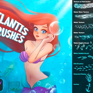 Könnte beinhalten: Eine digitale Illustration einer Meerjungfrau mit roten Haaren und einem lila Muschel-BH. Das Bild ist vor einem blauen Meereshintergrund mit Blasen platziert. Der Text "ATLANTIS BRUSHES" befindet sich in der oberen linken Ecke des Bildes. Die rechte Seite des Bildes zeigt eine Liste von digitalen Pinseln mit Namen wie "Texture of Fish Scales", "Water Wave Texture", "Water Bubble Brush", "Fish Brushes", "Seaweed Stamp" und "Anchor".