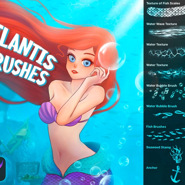 Atlantis Brush Set for Procreate, Water, Fish scales, Bubbles and more