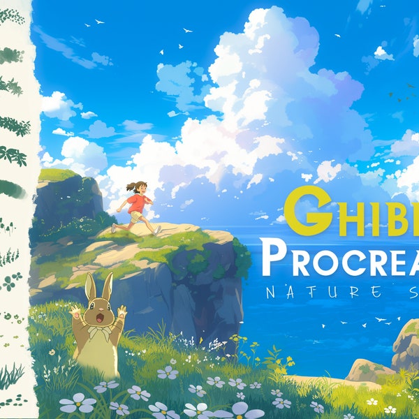 Cozy Ghibli Style Procreate Brushes: Nature, Foliage, Clouds, Water, Flowers, Grass (Tutorial Images)