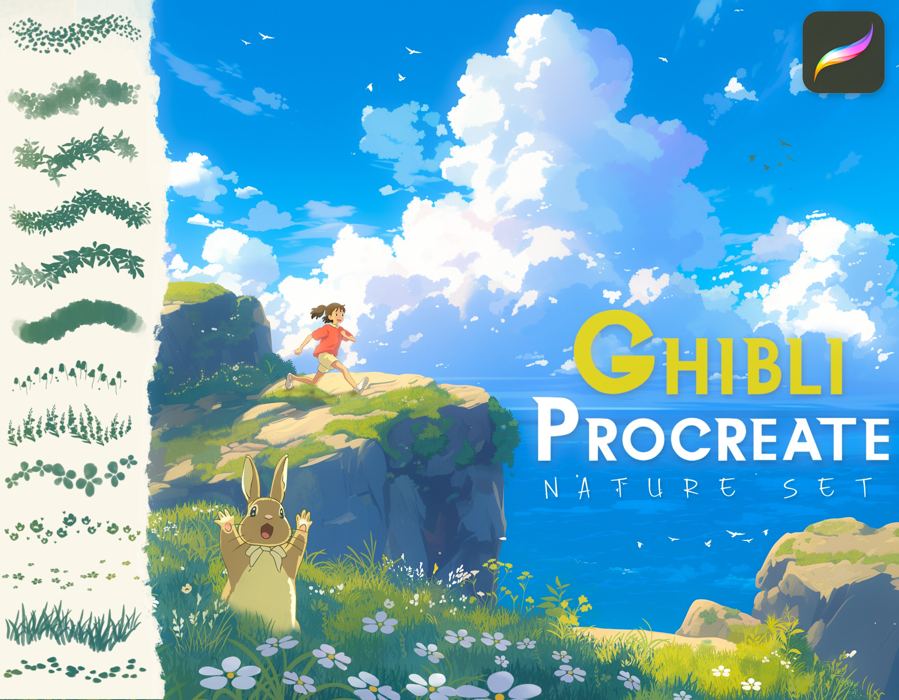Pinceles Procreate estilo Ghibli acogedor con tutoriales | Follaje, nubes, agua, flores, césped