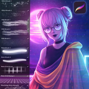 Conjunto de pinceles retro VHS para Procreate (glitch, vhs, synthwave, neón, etc.)