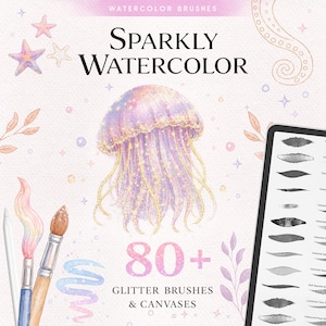 キラキラ輝く水彩画風Procreateブラシ – グリッター、メタリック、紙の質感（80種類以上のブラシ）