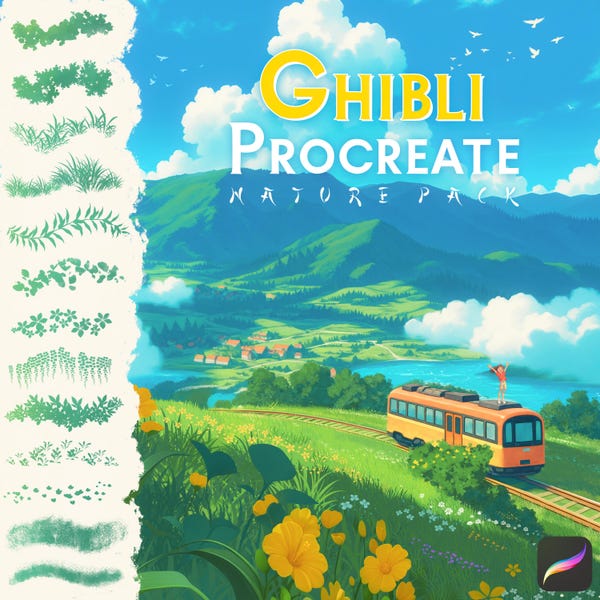 Ghibli Style Procreate Pinsel: Natur, Laub, Wolken, Wassereffekte (Digital Pack)