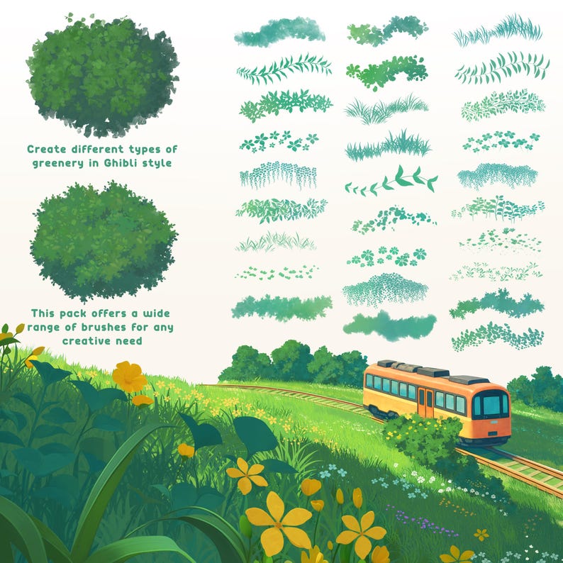 May include: Digital art illustration featuring various green foliage brushes and a landscape scene with a train. The text reads, "Create different types of greenery in Ghibli style" and "This pack offers a wide range of brushes for any creative need."