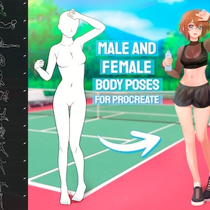 Könnte beinhalten: Eine digitale Illustration einer weiblichen Figur in Sportkleidung, die auf einem Tennisplatz steht. Die Figur hält eine Wasserflasche in einer Hand und hat die andere Hand an die Stirn gelegt. Der Text "MALE AND FEMALE BODY POSES FOR PROCREATE" wird in der Mitte des Bildes angezeigt. Eine weiße Umrandung einer weiblichen Figur ist auf der linken Seite des Bildes zu sehen.