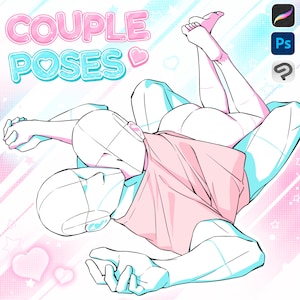 Może przedstawiać: Cyfrowa ilustracja zatytułowana "COUPLE POSES" w kolorze różowym i niebieskim. Obraz przedstawia dwie postacie w czułym uścisku, z różową koszulą i jasnoniebieskim tłem. Obraz zawiera ikony Photoshopa, Procreate i znaku zapytania.