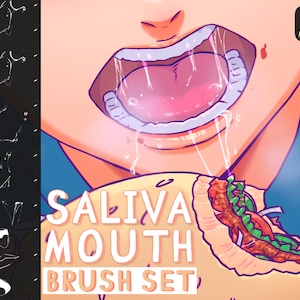 May include: Digital art illustration of an open mouth with saliva dripping down. The text "SALIVA MOUTH BRUSH SET" is displayed in orange and white. A Procreate app icon is in the upper right corner. The image has a cartoon style.