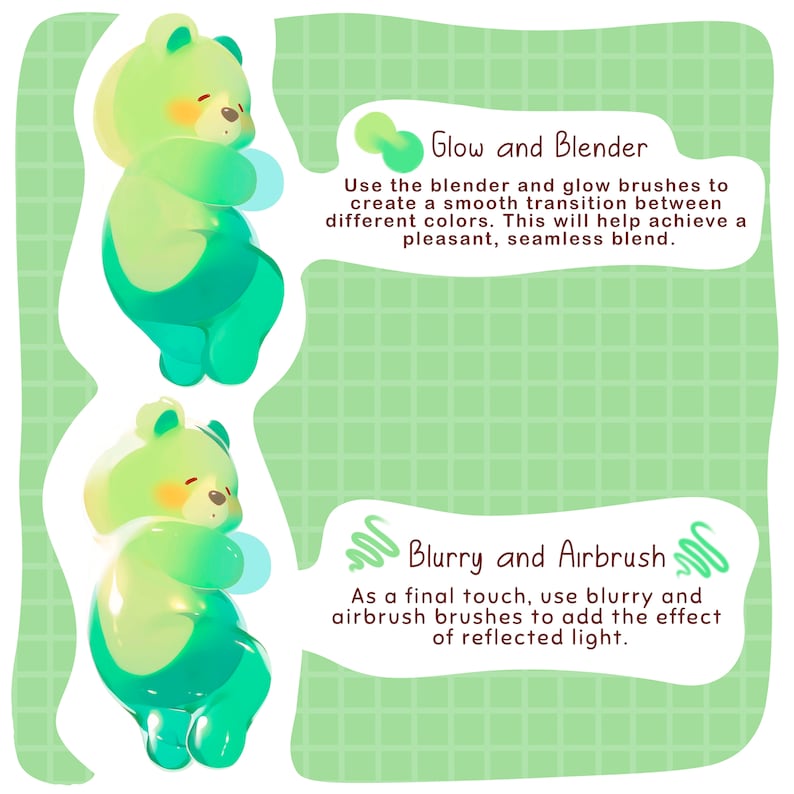 May include: Two illustrations of a green and yellow cartoon bear. The text "Glow and Blender" and "Blurry and Airbrush" are included in the image. The text describes how to use digital art tools to create a smooth transition between colors and add the effect of reflected light.