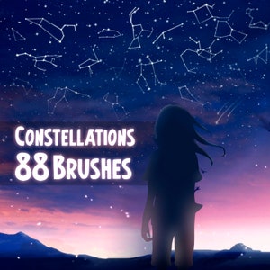 Könnte beinhalten: Eine Silhouette einer Person, die vor einem Nachthimmel mit Sternen und Sternbildern steht. Der Text "Constellations 88 Brushes" befindet sich im Vordergrund.