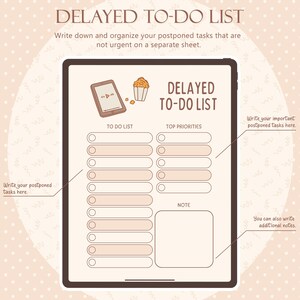 May include: A digital planner with the text "DELAYED TO-DO LIST" and prompts for tasks and notes. The design includes illustrations of a phone and popcorn, with prompts to write postponed tasks and additional notes.