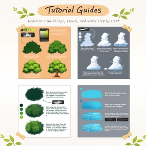 May include: A tutorial guide with instructions on drawing foliage, clouds, and water. The guide includes step-by-step illustrations demonstrating techniques for creating trees, clouds, and water effects using digital art tools.