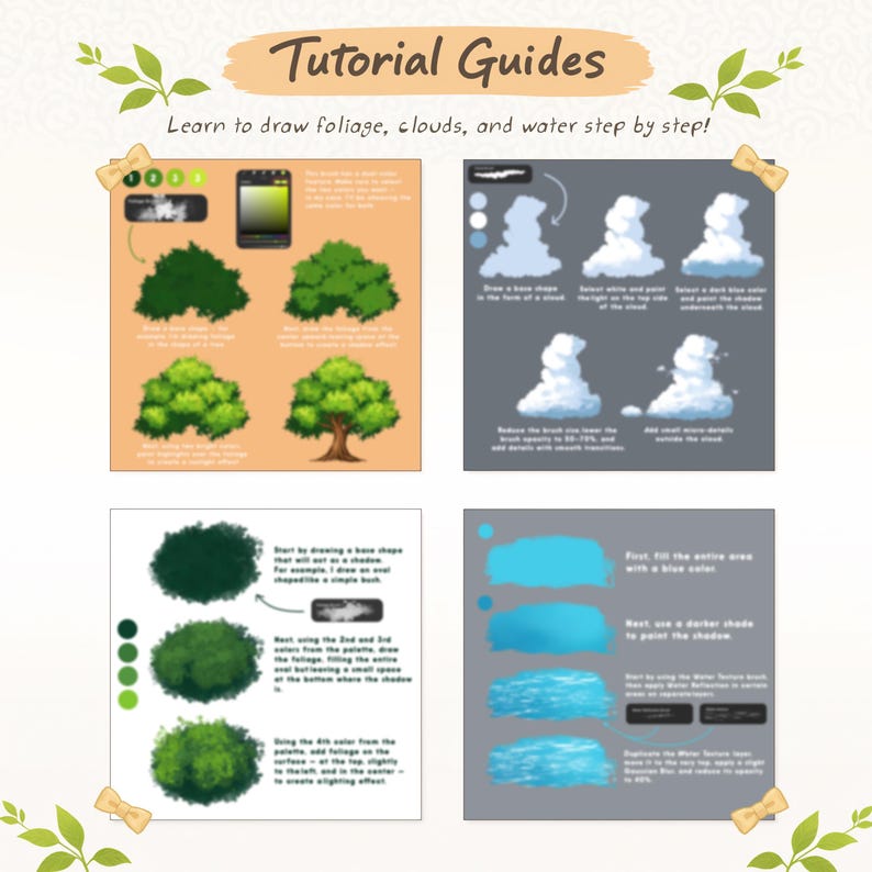 May include: A tutorial guide with instructions on drawing foliage, clouds, and water. The guide includes step-by-step illustrations demonstrating techniques for creating trees, clouds, and water effects using digital art tools.
