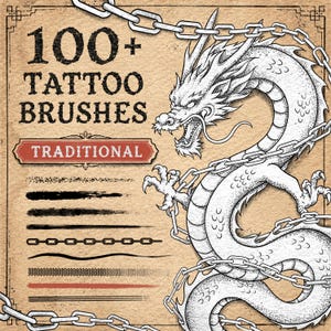 Pode incluir: Um gráfico digital com o texto 100+ TATTOO BRUSHES e TRADITIONAL num fundo bege texturizado. A imagem apresenta uma ilustração de linhas a preto e branco de um dragão entrelaçado com correntes de metal e várias amostras de pinceladas.