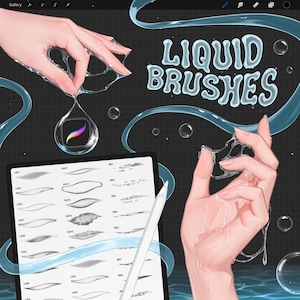 Könnte beinhalten: Digitale Illustration mit dem Titel LIQUID BRUSHES, die zwei Hände zeigt, die mit durchscheinenden flüssigen Formen und schwebenden Blasen interagieren, sowie ein Tablet mit Pinsel-Menü und einem darauf liegenden Eingabestift.