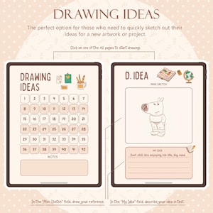 May include: Two digital tablets displaying drawing ideas. One tablet shows a calendar with numbers 1-42, and the other features a cartoon dog sketch with the text "Just chill bro enjoying his life, big nose."