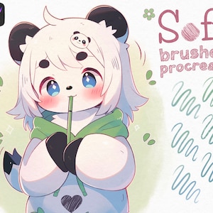 Puede incluir: Una ilustración digital de un lindo personaje de panda con pelaje blanco, ropa verde y una pajita en la boca. El texto "Soft brushes procreate" está escrito en rosa y blanco en el lado derecho de la imagen.