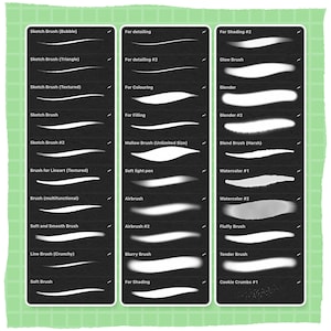 May include: A chart with 18 different brush strokes, each labeled with a name and description. The brush strokes are white on a black background. The chart is divided into three columns, with the first column labeled "Sketch Brush", the second column labeled "For Detailing", and the third column labeled "For Shading #2".