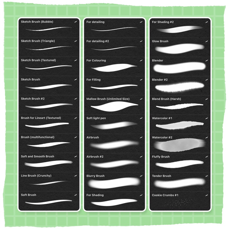 May include: A chart with 18 different brush strokes, each labeled with a name and description. The brush strokes are white on a black background. The chart is divided into three columns, with the first column labeled "Sketch Brush", the second column labeled "For Detailing", and the third column labeled "For Shading #2".