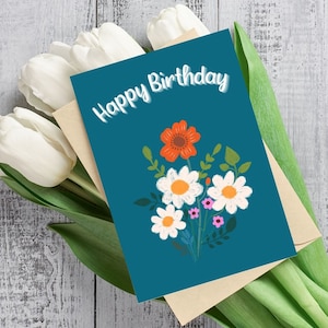 Printable Hand-drawn Birthday Card - 4 backgrounds - Happy Birthday Card - original illustration - Printable Card - Flower Birthday Card