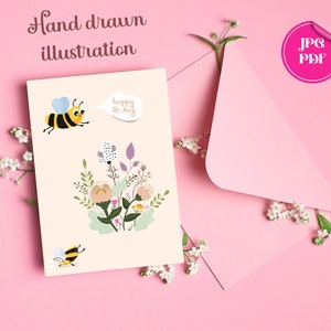 Printable Birthday Card - Happy Birthday Card - Hand-drawn illustrated Card - Printable Card - Flower Birthday Card - Happy B-day Digital