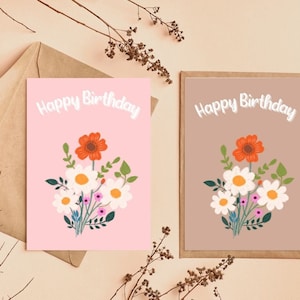 Printable Birthday Card - 4 backgrounds - Happy Birthday Card - Hand-drawn illustration - Printable Card - Flower Birthday Card Personalised