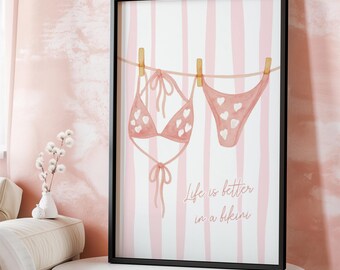 Pink Bikini Print Beachy Wall Art, Coastal Aesthetic Poster, Summer Digital Print, Bikini on Clothesline Trendy Wall Art, Preppy Print