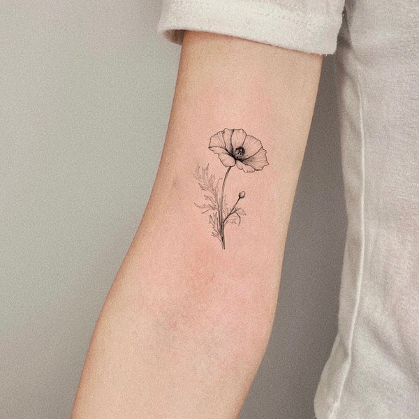 Little Fine Line Poppy Temporary Tattoo, Fake Tattoo, Tattoo Artist Gift, Waterproof Tattoo, Tattoo Lovers Gift, Flowers Tattoo