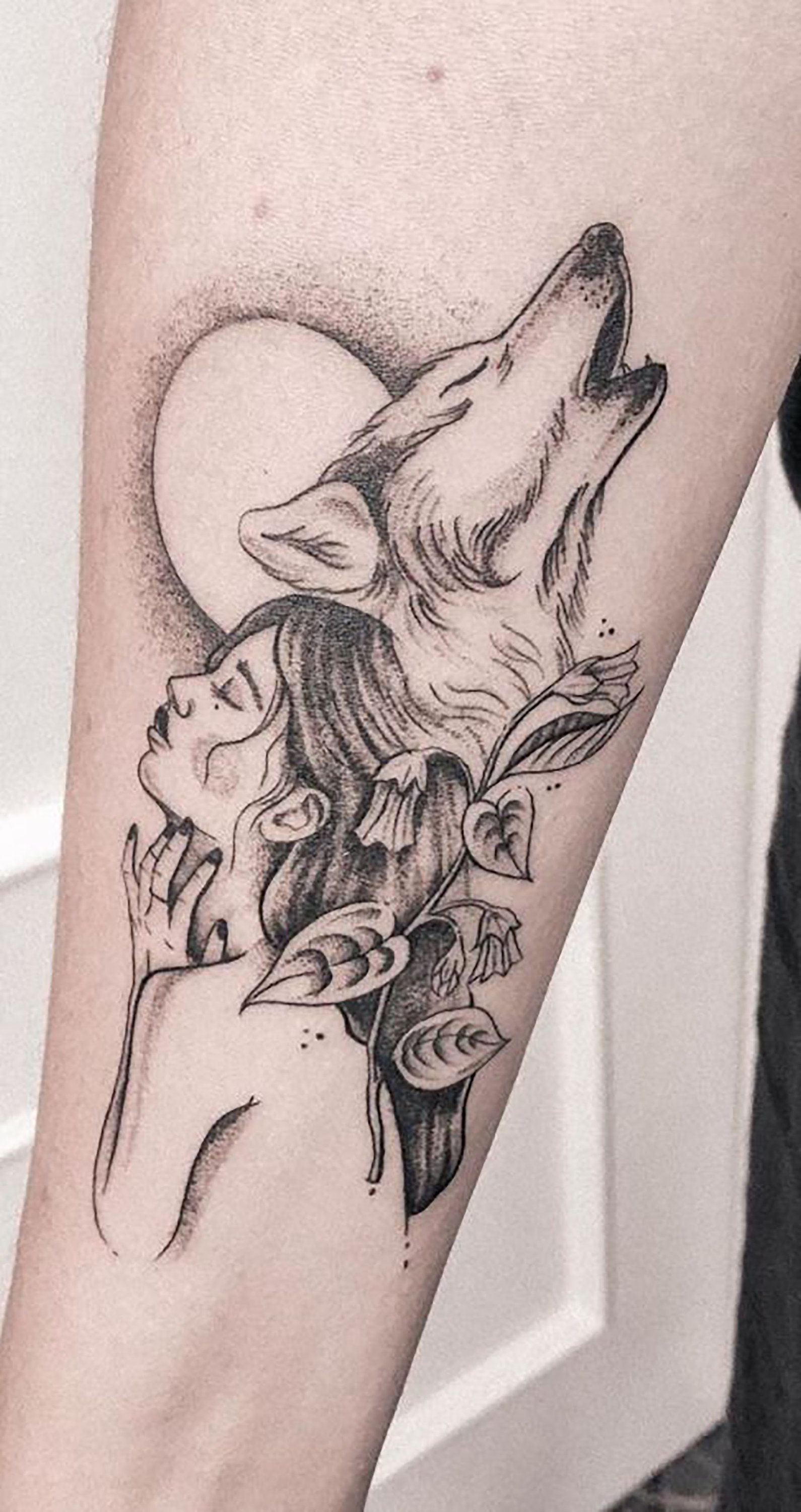 Girl and Wolf With the Moon Temporary Tattoo Waterproof Wolf - Etsy Canada