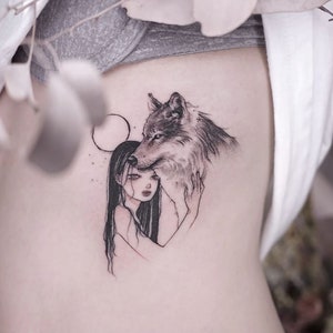 Girl Hugs Wolf Under The Moon Temporary Tattoo Waterproof - Wolf Animal Tattoo Vintage - Wolf Tattoo For Women - Gift For Tattoo Lover