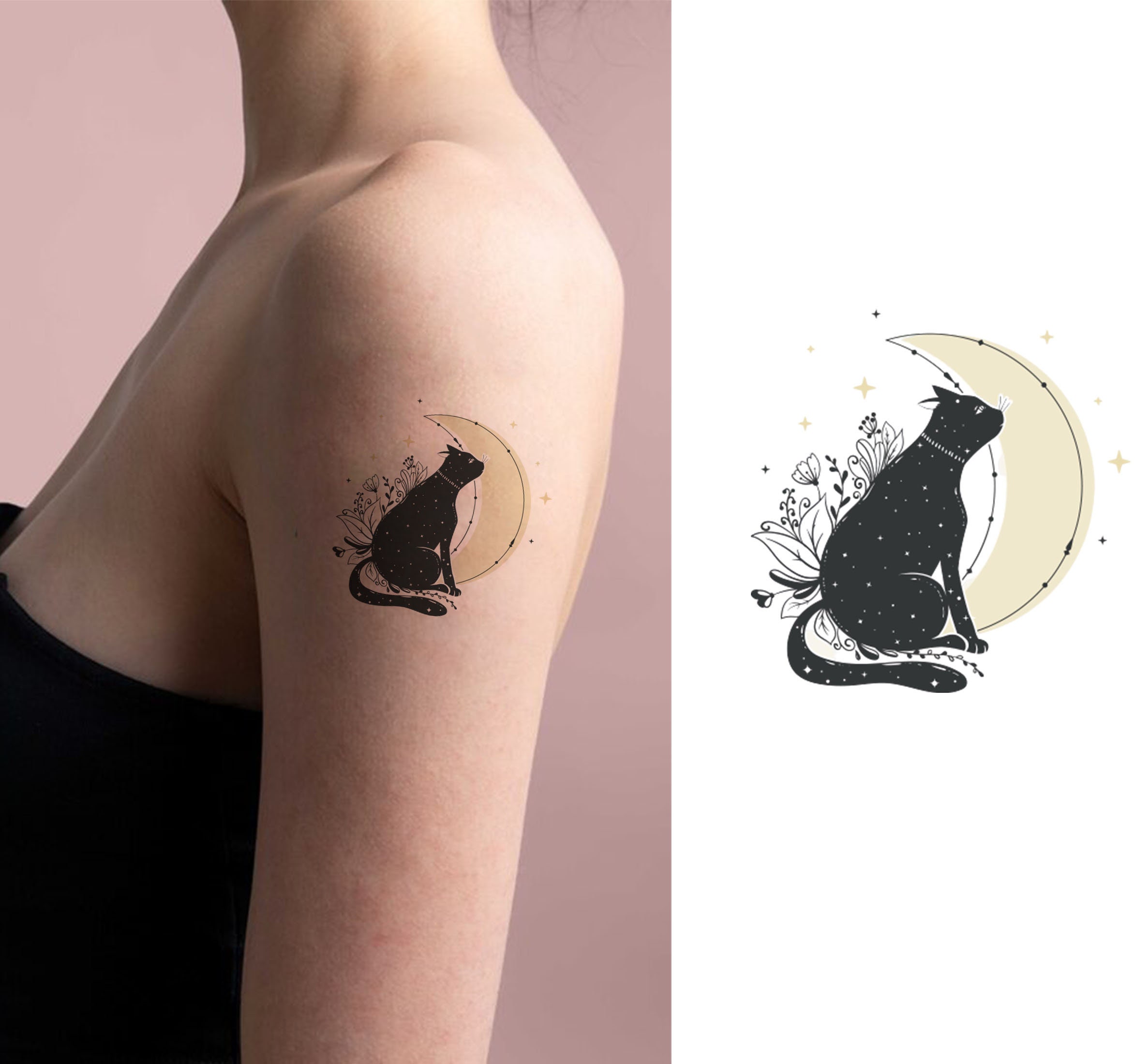 Black Cat Temporary Tattoo Transfers. Set of 3 Body Stickers