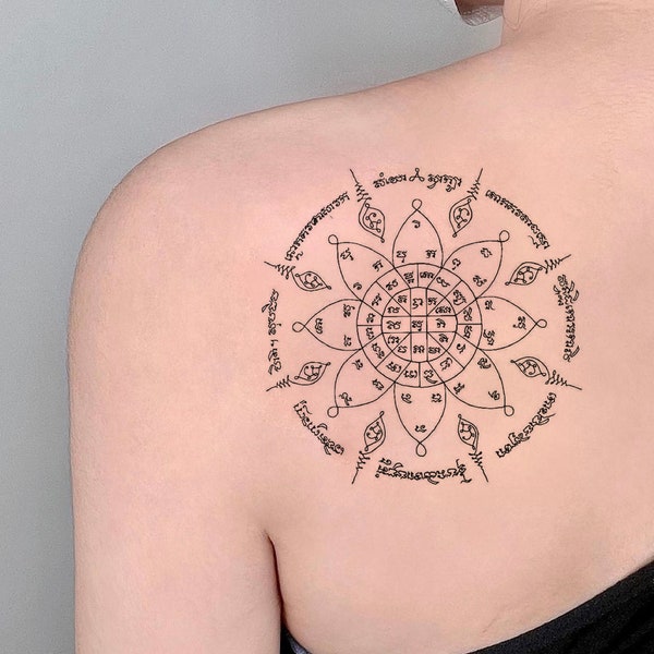 Tatouage temporaire Sak Yant, tatouage Yantra, faux tatouage, tatouage amovible, tatouage imperméable à l’eau, autocollants de tatouage, tatouage symbole