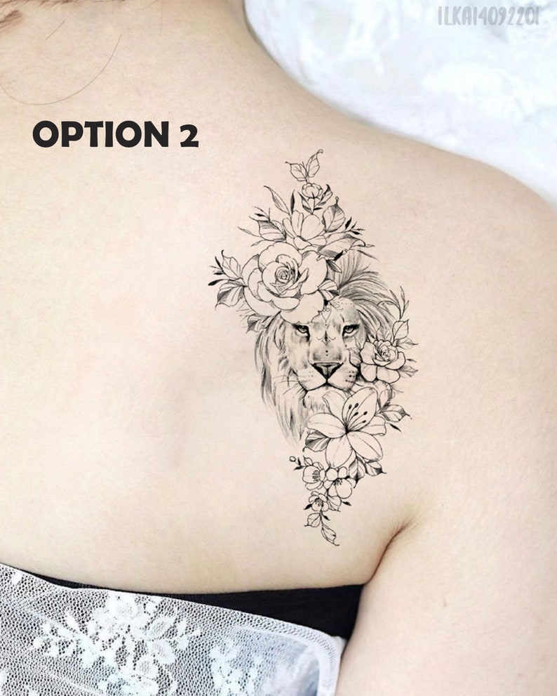 Lion Temporary Tattoo Lion With Flowers Tattoo Fake Tattoo Etsy