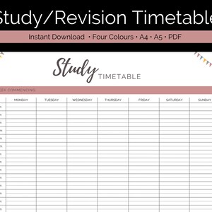 Printable Study Timetable | Weekly Student Planner | Revision Schedule Printable | Hourly Schedule | A4 A5 | Instant Digital Download