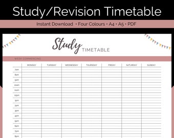 Printable Study Timetable | Weekly Student Planner | Revision Schedule Printable | Hourly Schedule | A4 A5 | Instant Digital Download