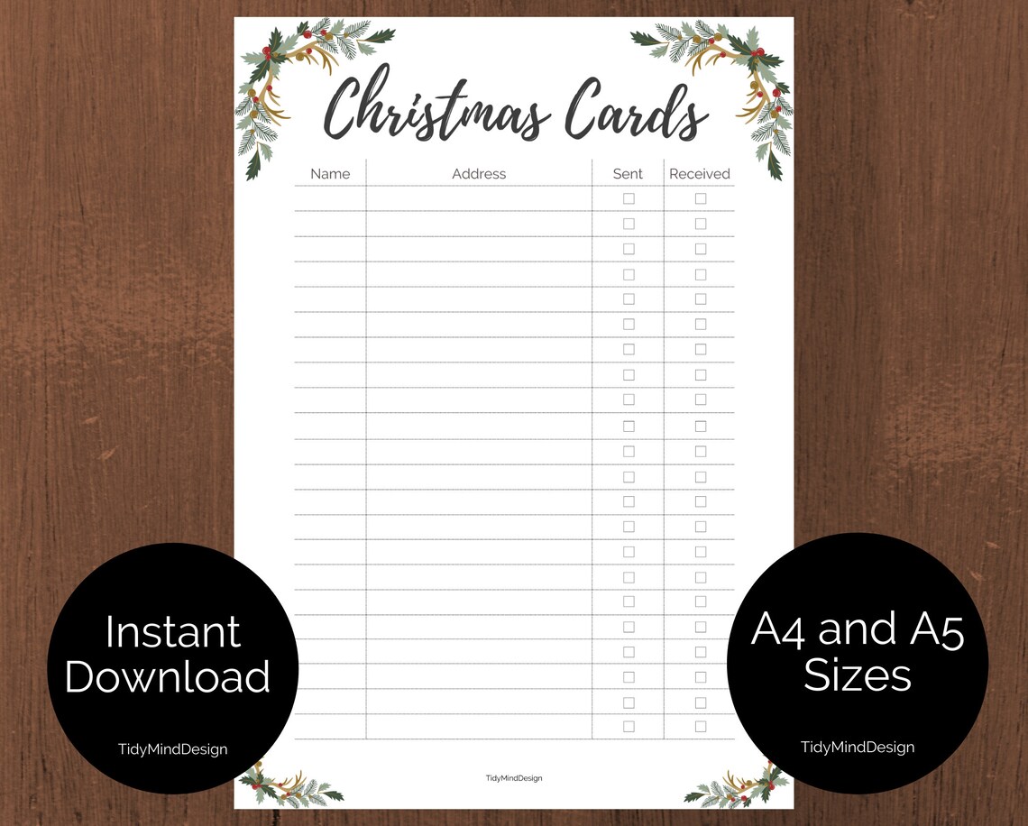 Christmas Card Tracker Printable Christmas Card Checklist Holiday Card ...