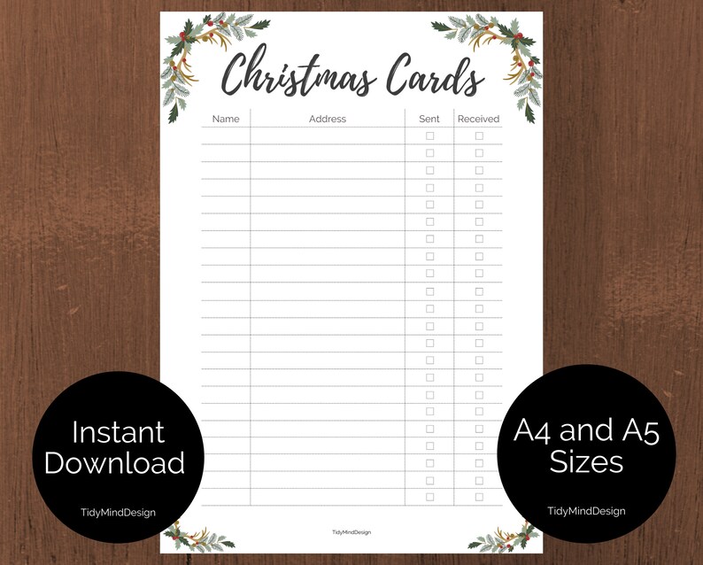 Christmas Card Tracker Printable Christmas Card Checklist Holiday Card ...