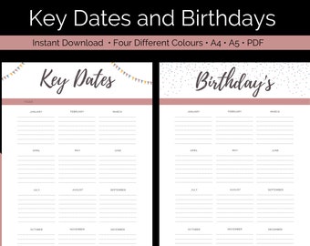 Birthday Tracker Printable | Key Dates Template | Notable Dates | Important Dates | Anniversary Tracker | Digital Download | A4 A5 PDF