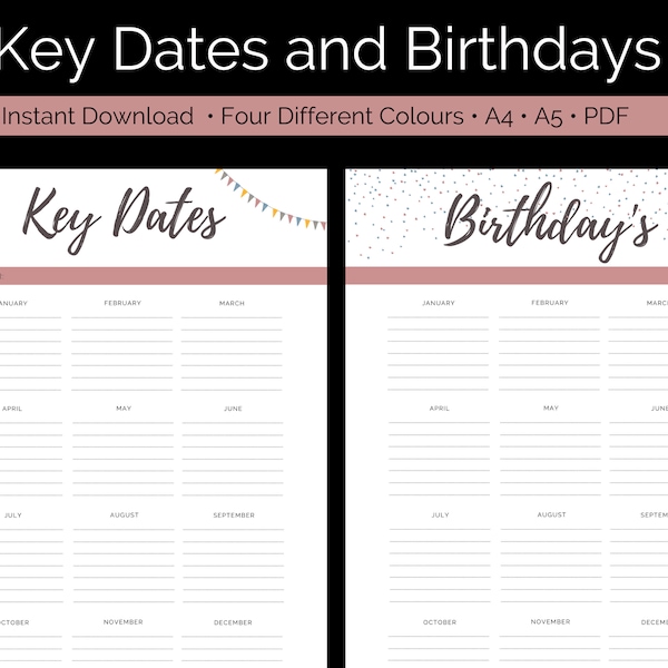 Birthday Tracker Printable | Key Dates Template | Notable Dates | Important Dates | Anniversary Tracker | Digital Download | A4 A5 PDF