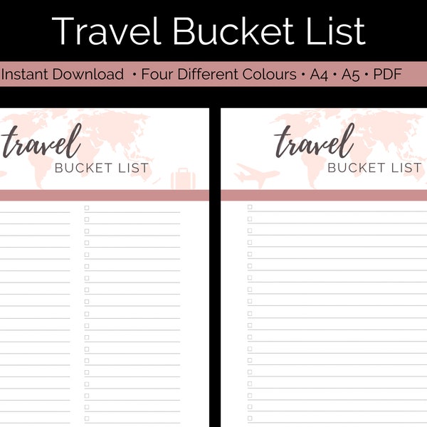 Travel Bucket List Printable | Bucket List Template | Adventure Bucket List | Travel Checklist | Dream Vacation | Digital Download A4 A5 PDF