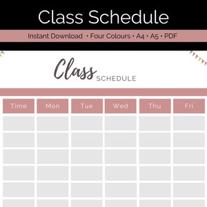 以下が含まれることがあります： ピンクの背景と「Class Schedule」というタイトルの印刷可能な授業時間割テンプレート。テンプレートには、時間と曜日（月曜日、火曜日、水曜日、木曜日、金曜日）の列があります。