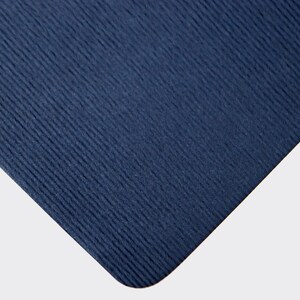 May include: A close-up of a dark blue yoga mat with a textured surface.