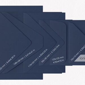 May include: A set of six navy blue envelopes in different sizes, with measurements in inches and millimeters. The smallest envelope is 75x110 mm (4.33x2.95 in) and the largest is 160x220 mm (8.66x6.30 in). The envelopes are arranged in descending order of size, with the largest envelope at the top and the smallest envelope at the bottom. The word "ioniki" is printed in white on the smallest envelope.