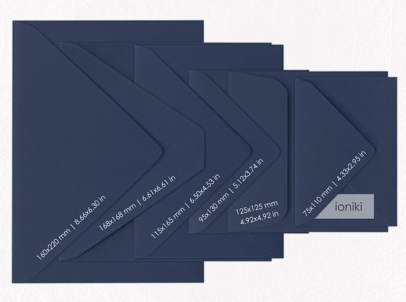 May include: A set of six navy blue envelopes in different sizes, with measurements in inches and millimeters. The smallest envelope is 75x110 mm (4.33x2.95 in) and the largest is 160x220 mm (8.66x6.30 in). The envelopes are arranged in descending order of size, with the largest envelope at the top and the smallest envelope at the bottom. The word "ioniki" is printed in white on the smallest envelope.