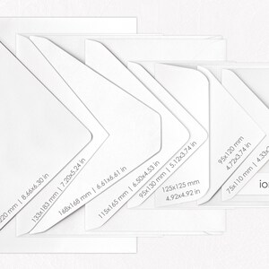 May include: A set of white envelopes in various sizes, with measurements in inches and millimeters. The smallest envelope is 75x110 mm (4.33x2.95 in) and the largest is 160x220 mm (8.66x6.30 in). The envelopes are arranged in a staggered pattern, with the largest envelope at the bottom and the smallest envelope at the top. The word "ioniki" is printed on the smallest envelope.