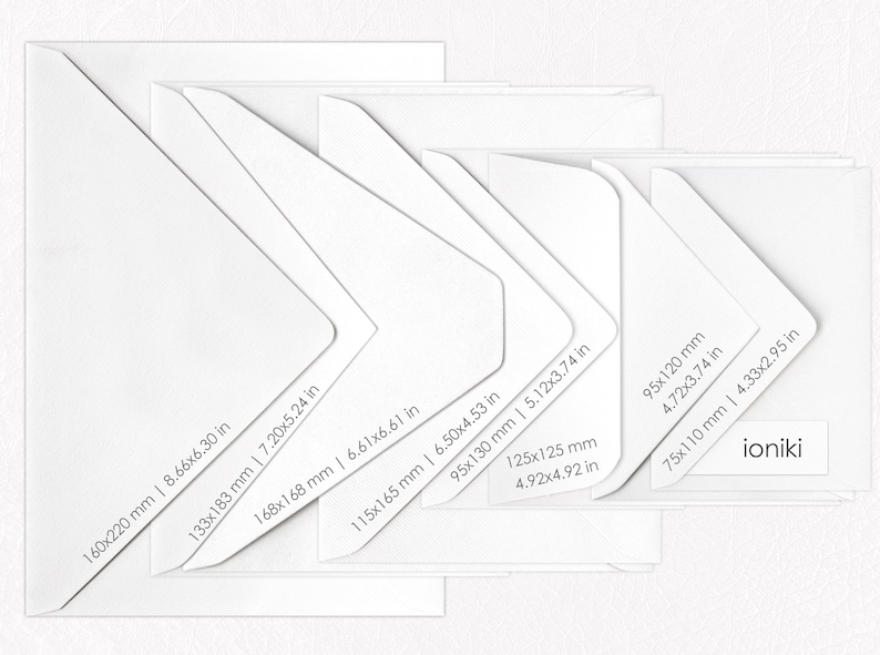 May include: A set of white envelopes in various sizes, with measurements in inches and millimeters. The smallest envelope is 75x110 mm (4.33x2.95 in) and the largest is 160x220 mm (8.66x6.30 in). The envelopes are arranged in a staggered pattern, with the largest envelope at the bottom and the smallest envelope at the top. The word "ioniki" is printed on the smallest envelope.