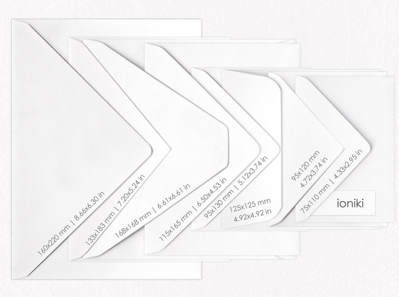 May include: A set of white envelopes in various sizes, with measurements in inches and millimeters. The smallest envelope is 75x110 mm (4.33x2.95 in) and the largest is 160x220 mm (8.66x6.30 in). The envelopes are arranged in a staggered pattern, with the largest envelope at the bottom and the smallest envelope at the top. The word "ioniki" is printed on the smallest envelope.