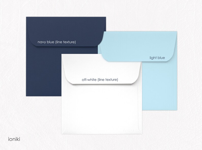 May include: Three square envelopes in navy blue, off-white, and light blue. The envelopes have a subtle line texture and the color names are printed on each envelope.