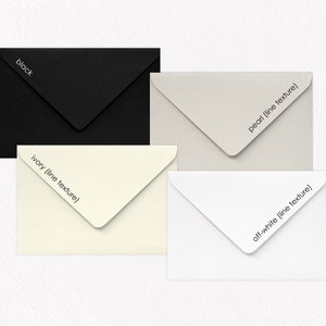 May include: Four envelopes in different colors: black, ivory, pearl, and off-white. Each envelope has a subtle line texture and the color name printed on the flap.