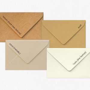 May include: Four different colored envelopes with text labels: brown (trunk tree texture), sand (metallic), kraft, and ivory (line texture).
